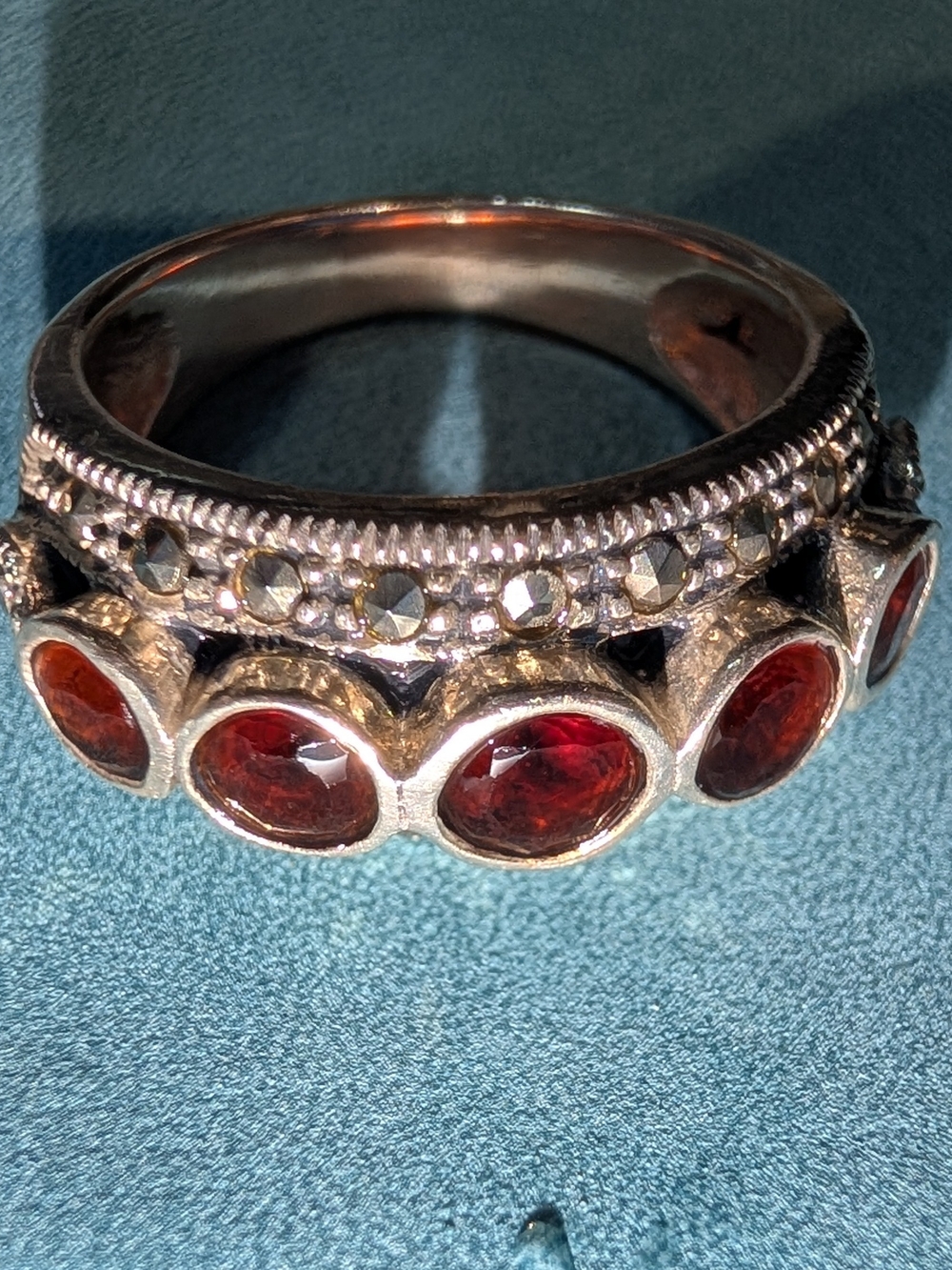 Art Déco Sterling Ring with Garnet And Marcasite Accents